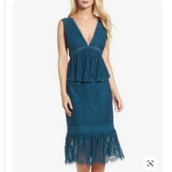 foxiedox lace midi dress Foxiedox Floral Lace Midi Dress M V-Neck Fit Flare Cocktail Wedding Guest Party